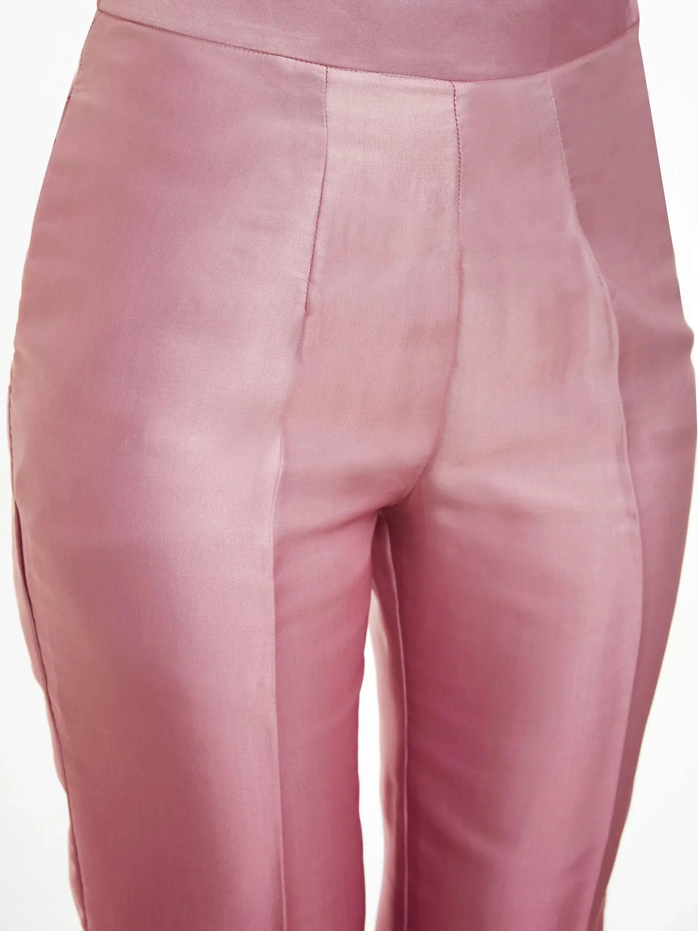 Shiny pink silk straight pants with tailored seams, Indian ethnic wear fashion