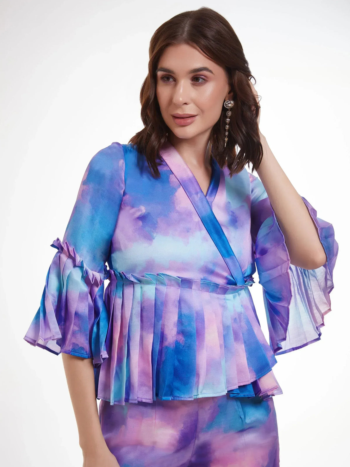 Purple blue tie-dye ethnic top with ruffled sleeves and pleated waist, paired with matching palazzo pants