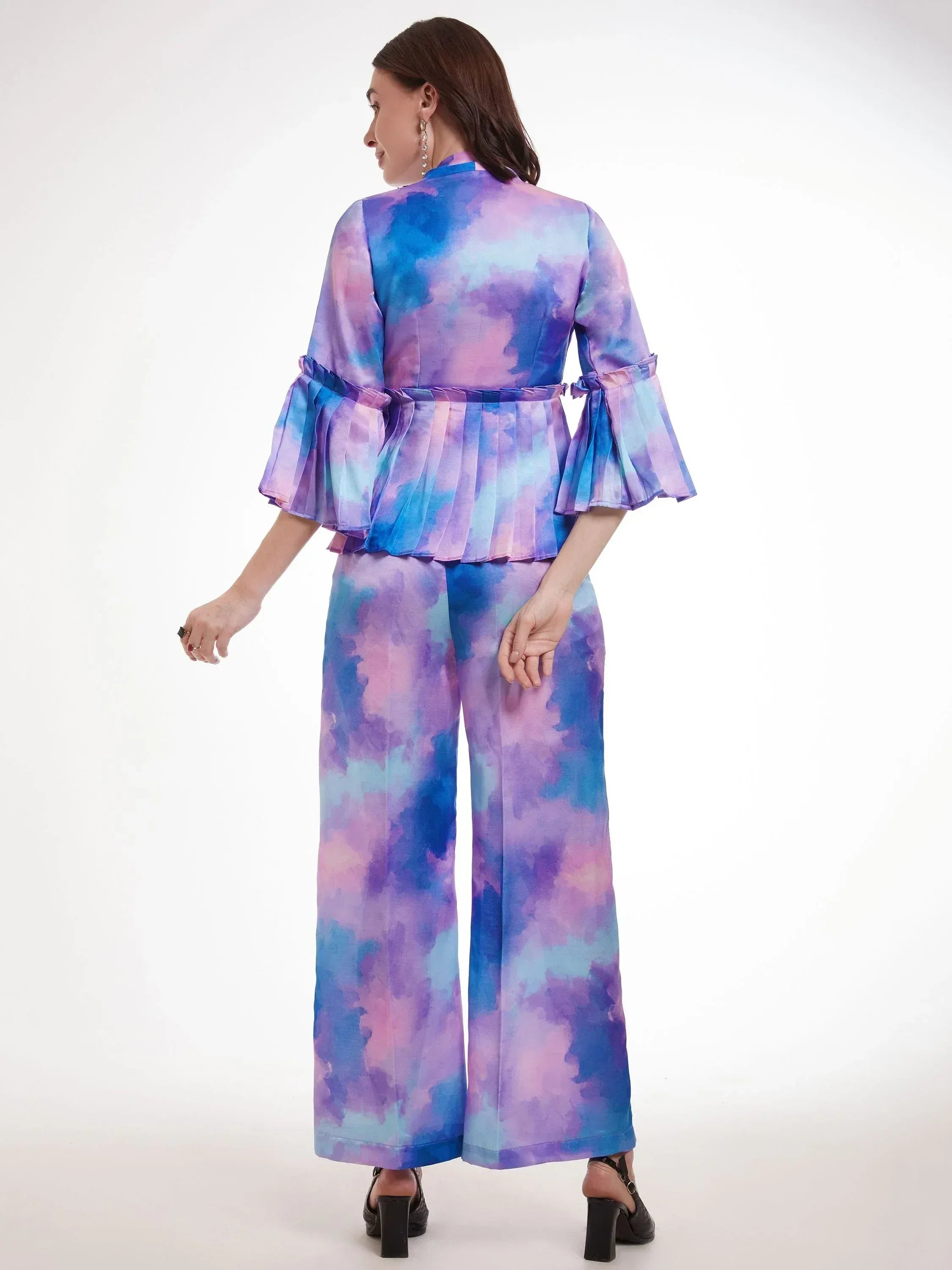 Purple blue tie-dye ethnic palazzo set with ruffled peplum top, perfect for Indian occasions