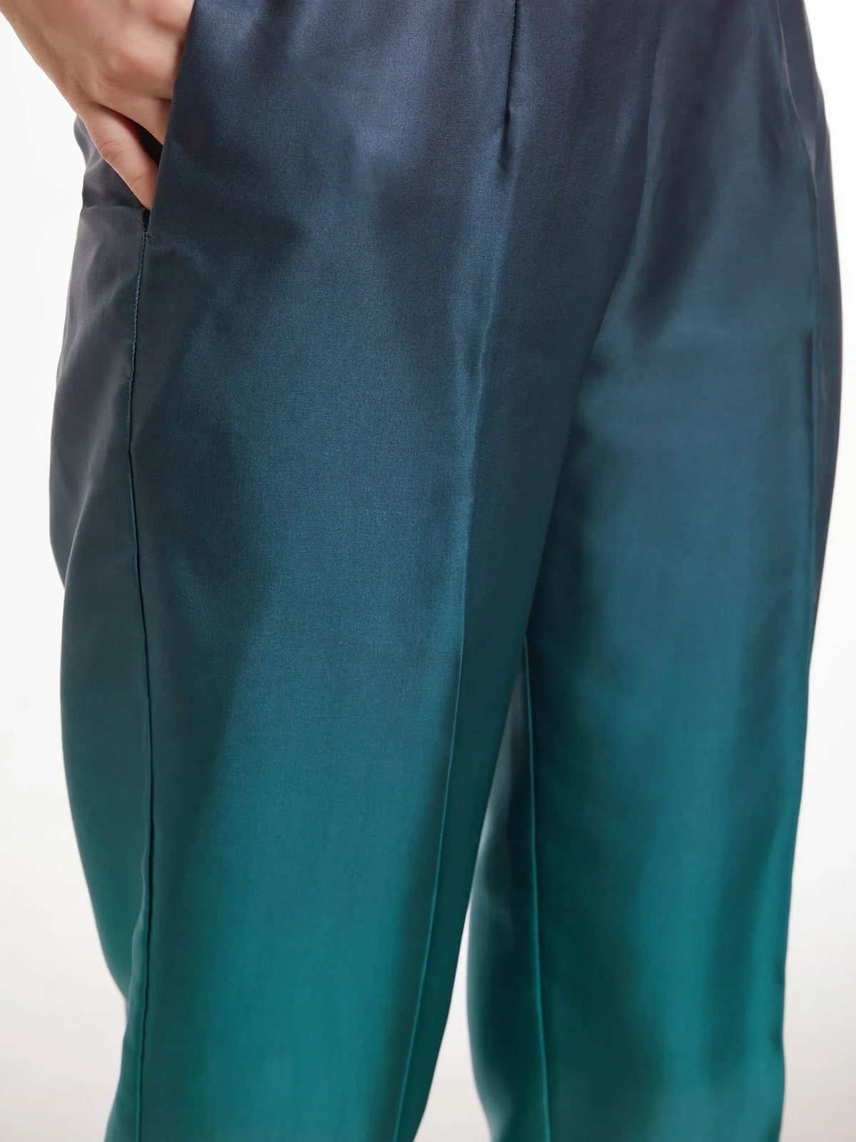 Teal satin palazzo pants with side pocket, elegant ethnic wear for women
