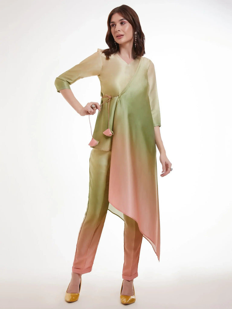 Outstanding Ombre Green Satin Designer Asymmetrical Kurta Set