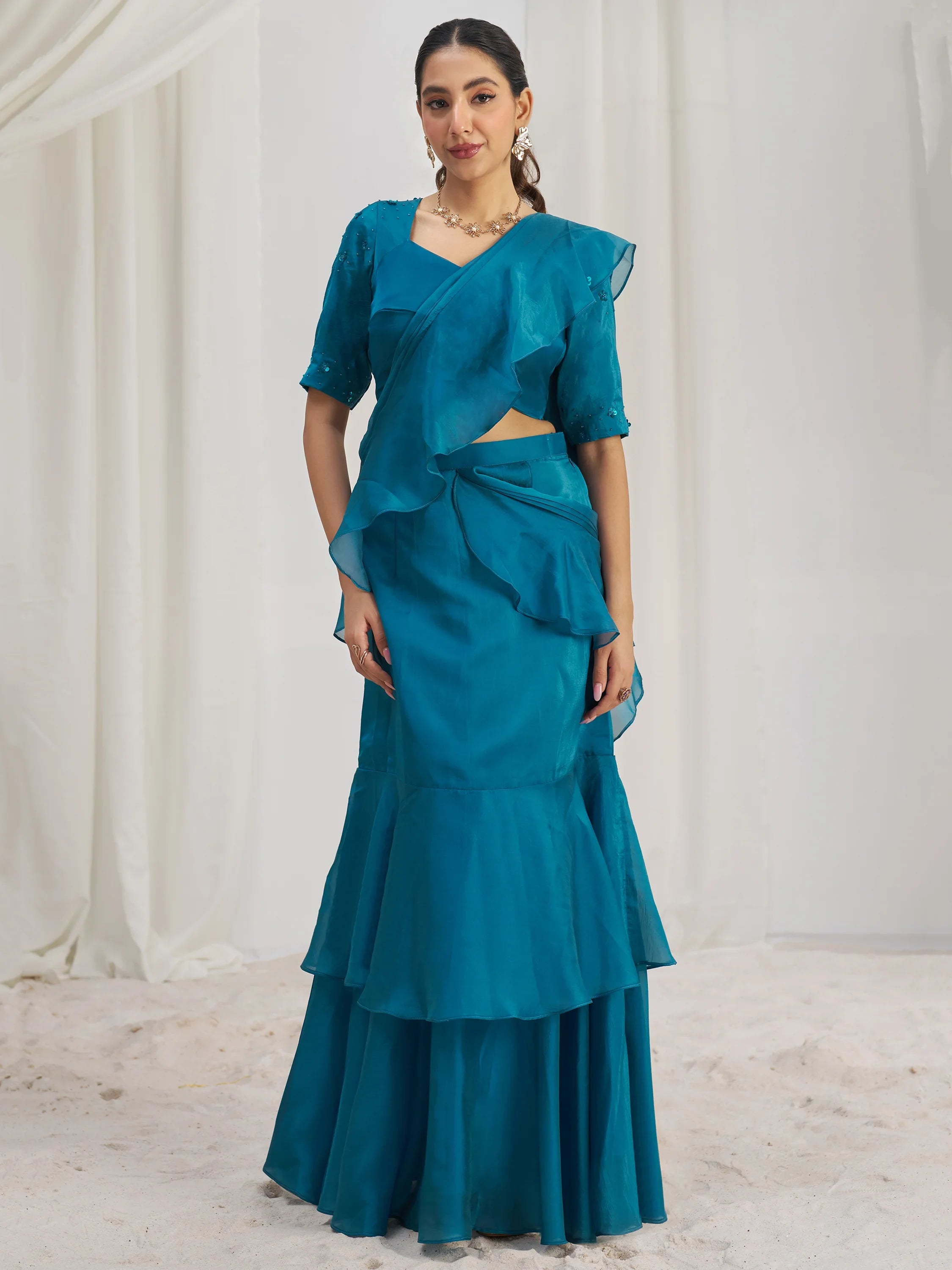 Captivating Teal Blue Organza Pre-Stitched Ruffle Saree With Blouse