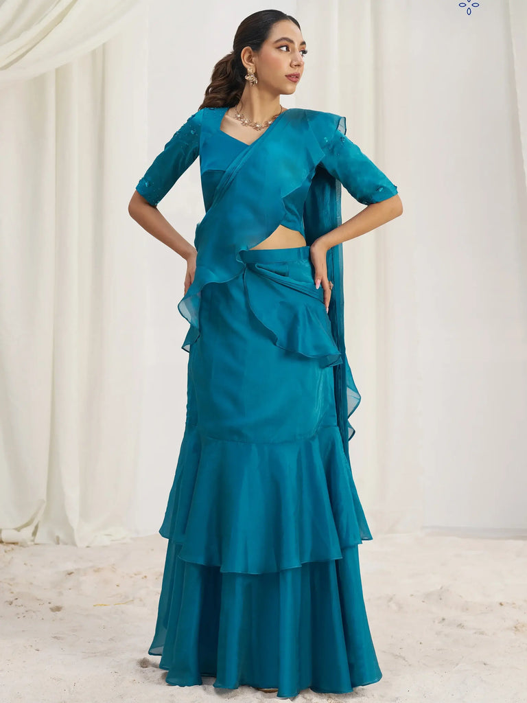 Captivating Teal Blue Organza Pre-Stitched Ruffle Saree With Blouse