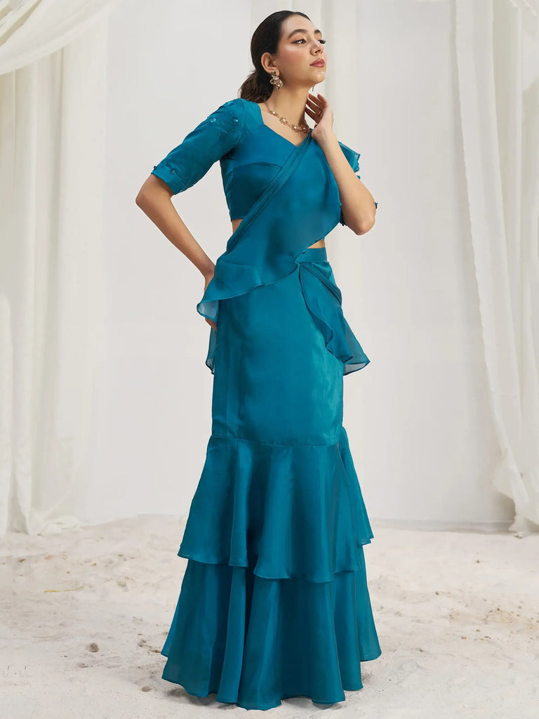 Captivating Teal Blue Organza Pre-Stitched Ruffle Saree With Blouse
