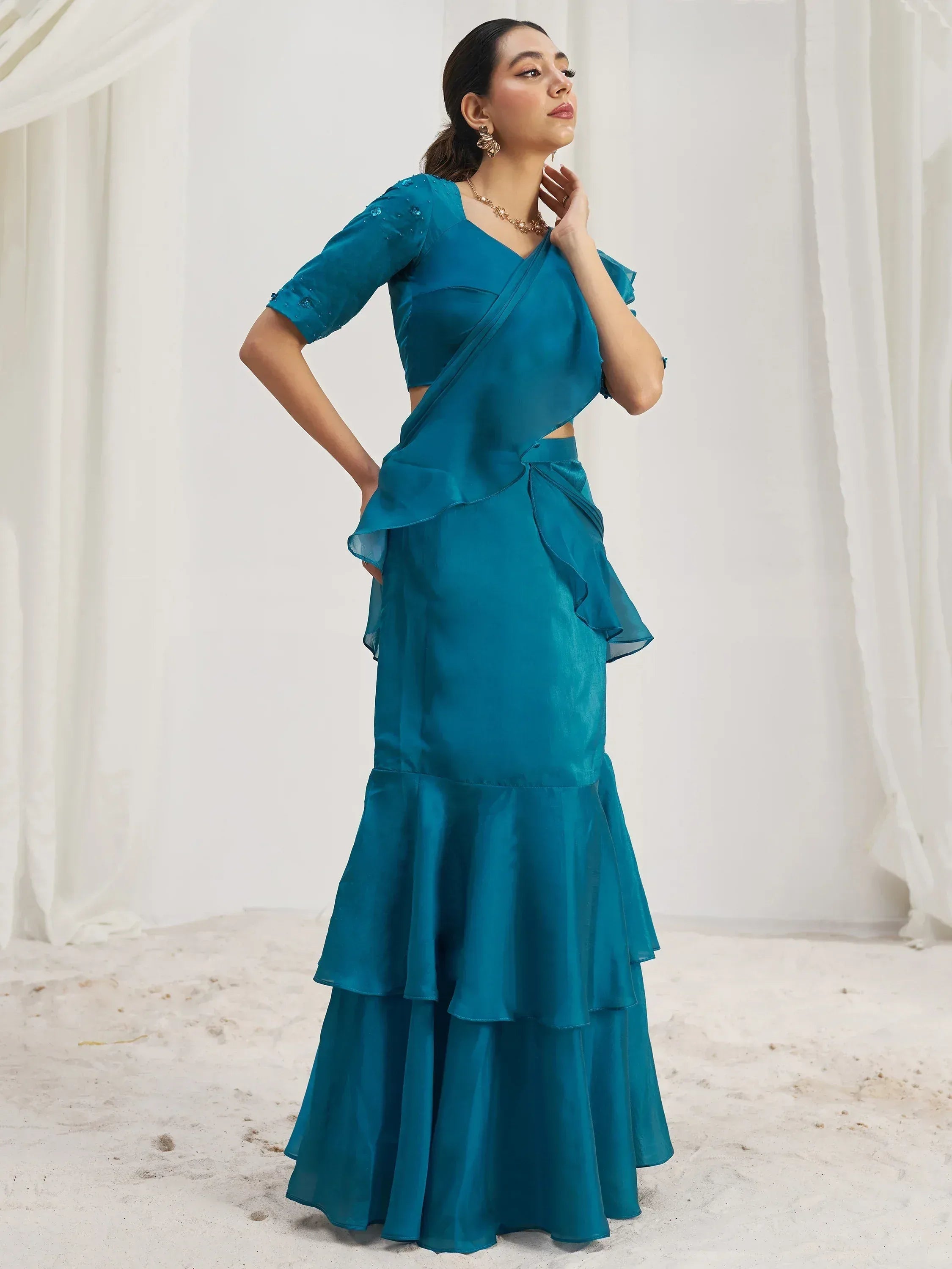 Captivating Teal Blue Organza Pre-Stitched Ruffle Saree With Blouse