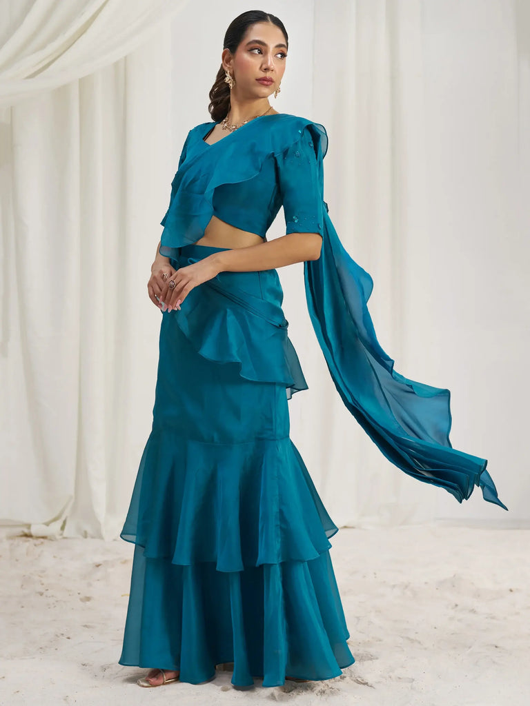 Captivating Teal Blue Organza Pre-Stitched Ruffle Saree With Blouse