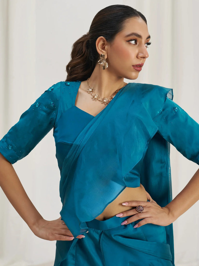 Captivating Teal Blue Organza Pre-Stitched Ruffle Saree With Blouse