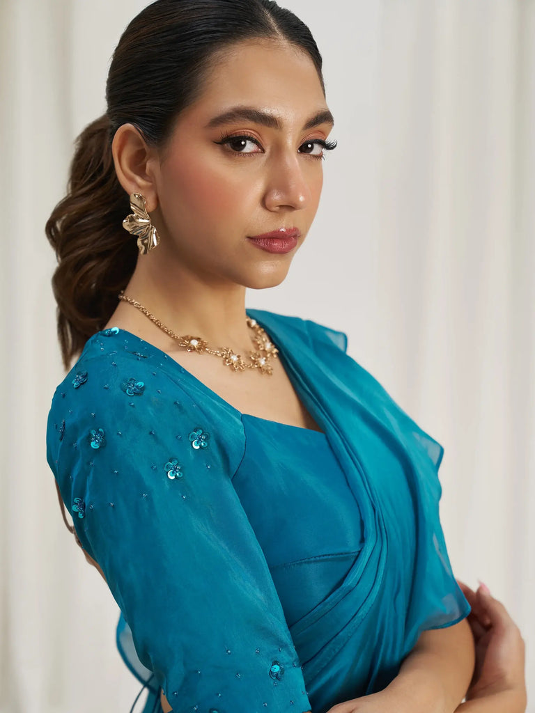 Captivating Teal Blue Organza Pre-Stitched Ruffle Saree With Blouse