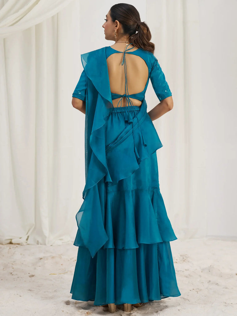 Captivating Teal Blue Organza Pre-Stitched Ruffle Saree With Blouse