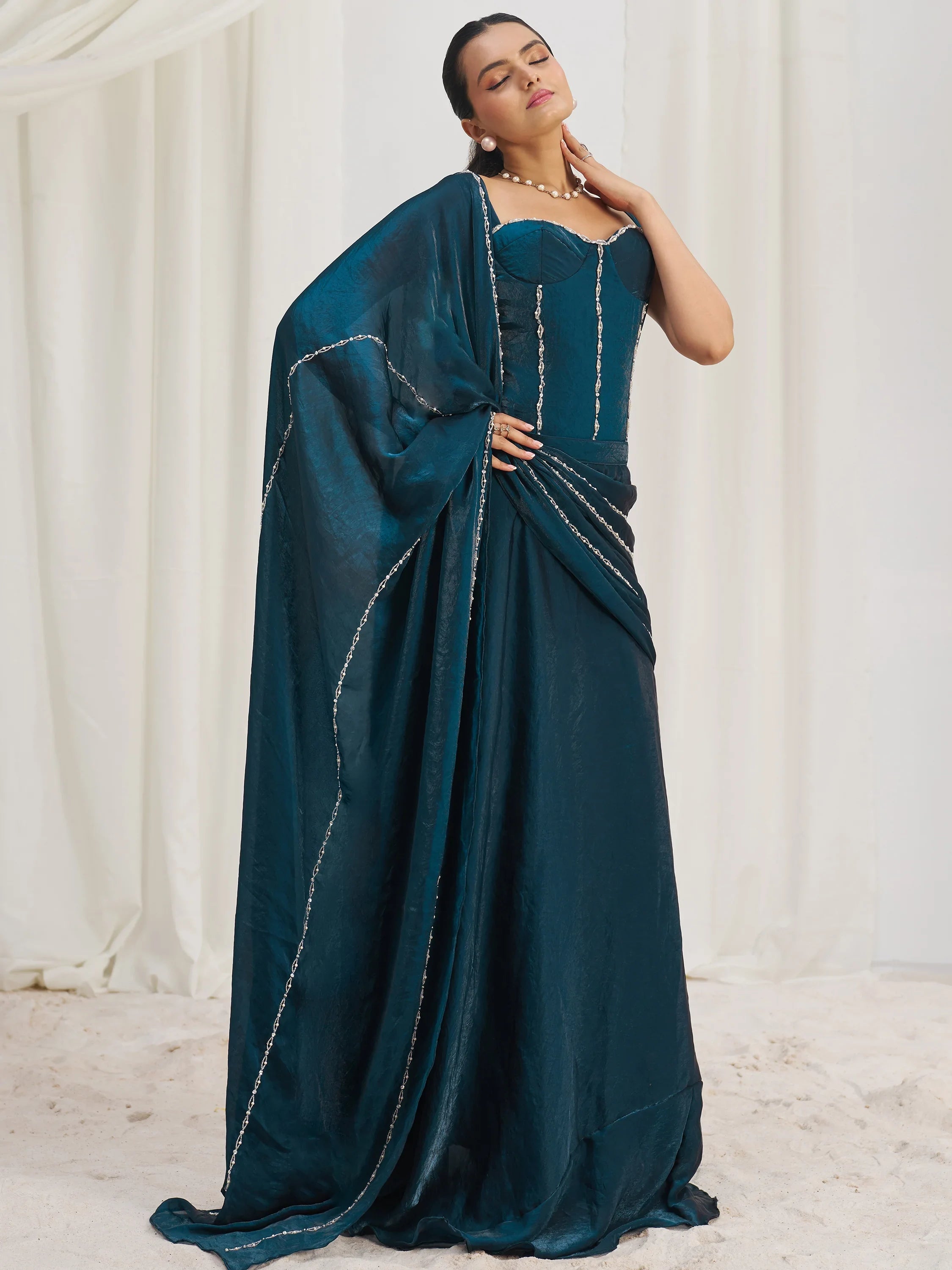 Glamorous Navy Blue Organza Ready To Wear Saree With Corset Blouse