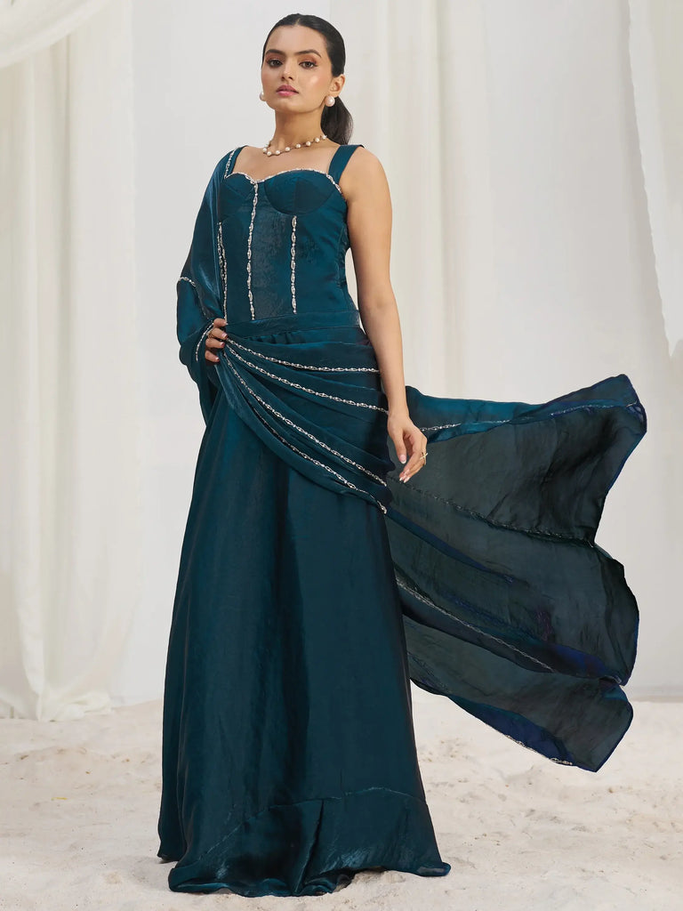 Glamorous Navy Blue Organza Ready To Wear Saree With Corset Blouse