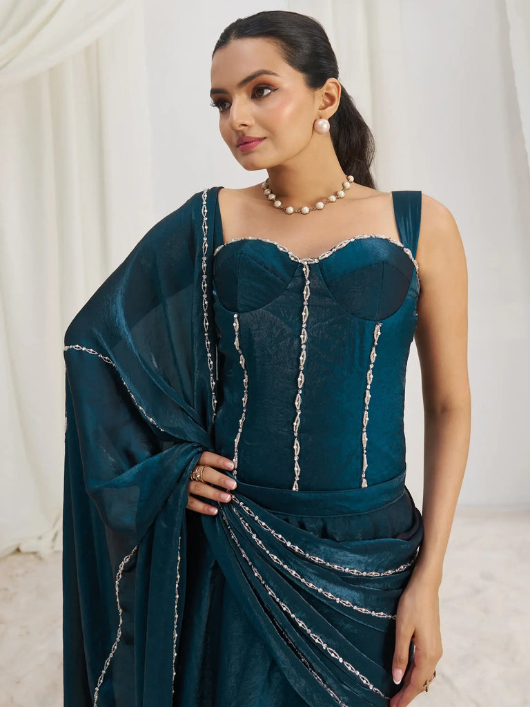 Glamorous Navy Blue Organza Ready To Wear Saree With Corset Blouse