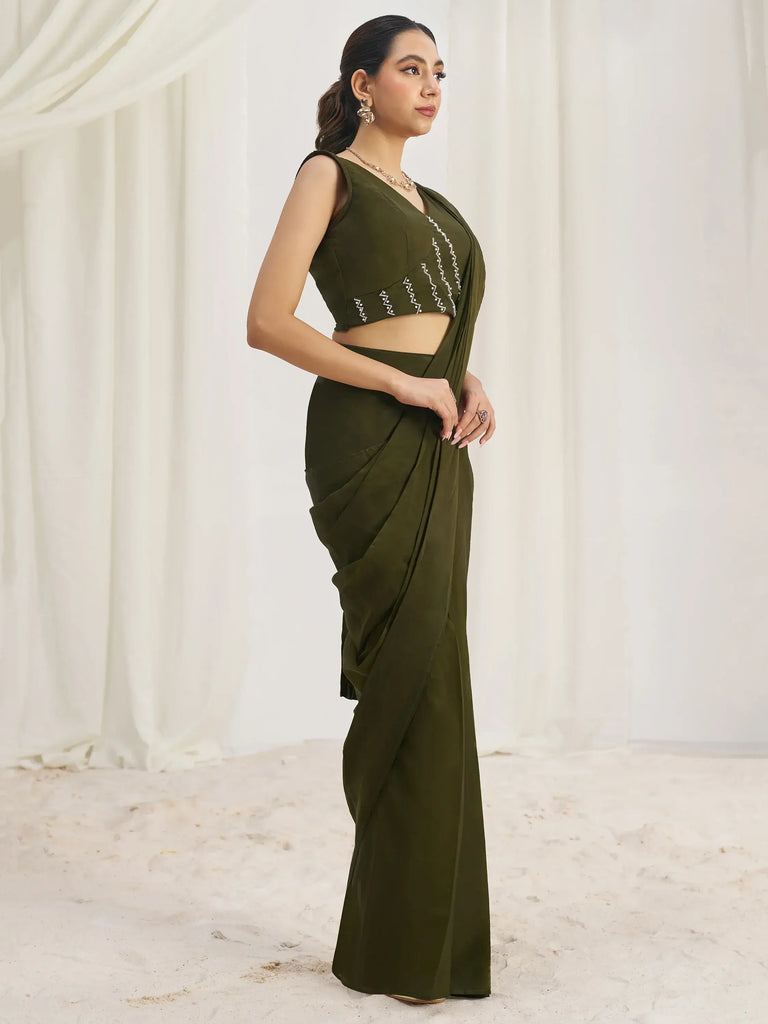 Enchanting Olive Green Organza Pre-Stitched Saree With Blouse