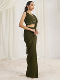 Enchanting Olive Green Organza Pre-Stitched Saree With Blouse