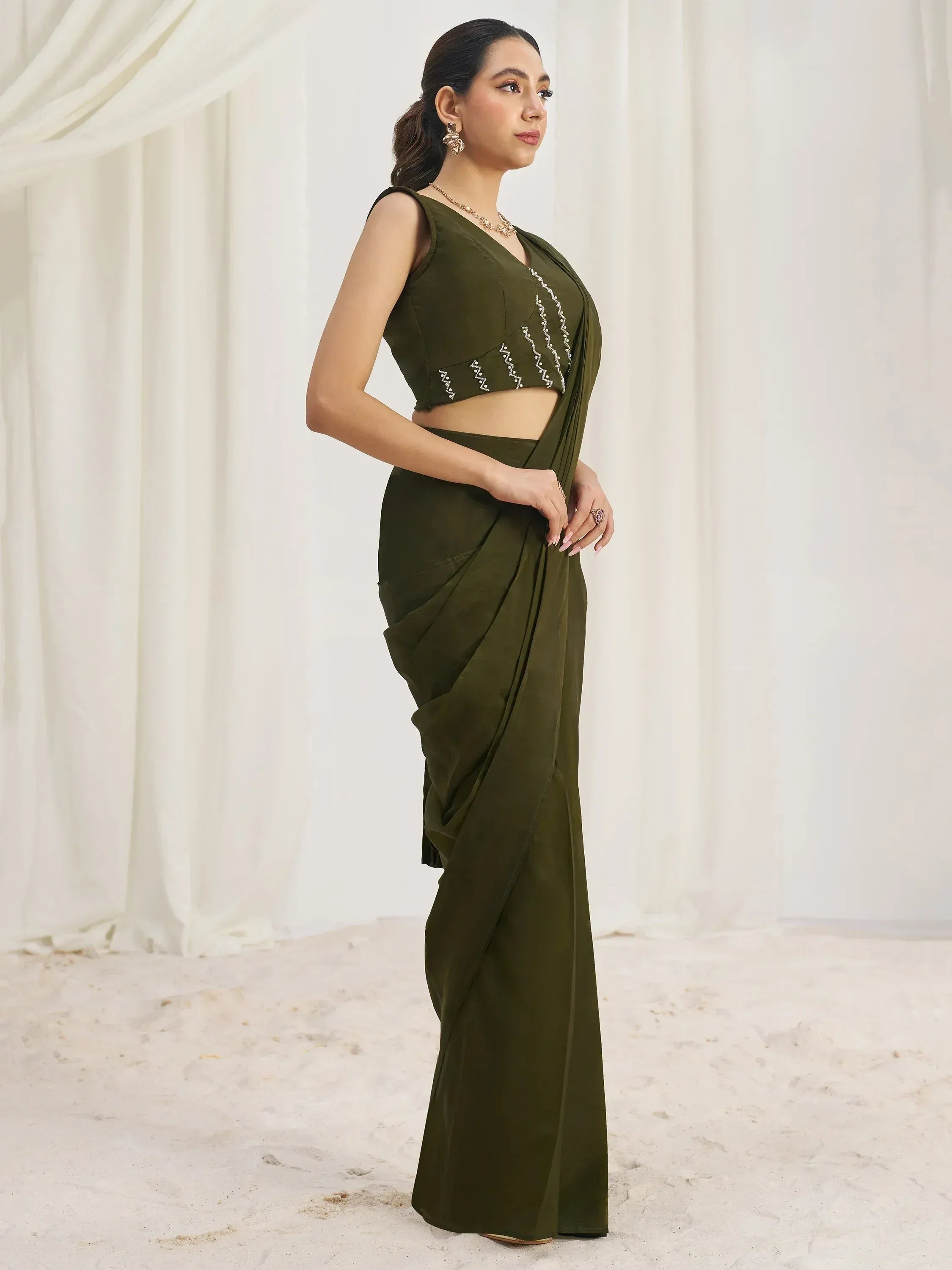 Olive green saree with embroidered blouse, elegant ethnic wear for women