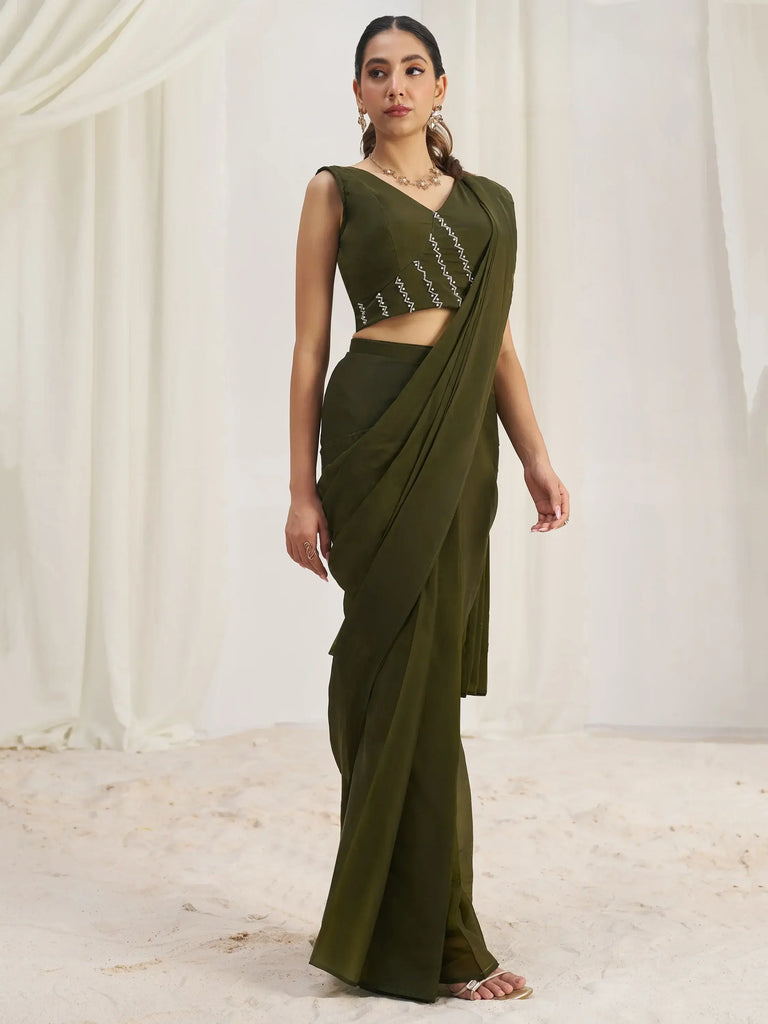 Enchanting Olive Green Organza Pre-Stitched Saree With Blouse