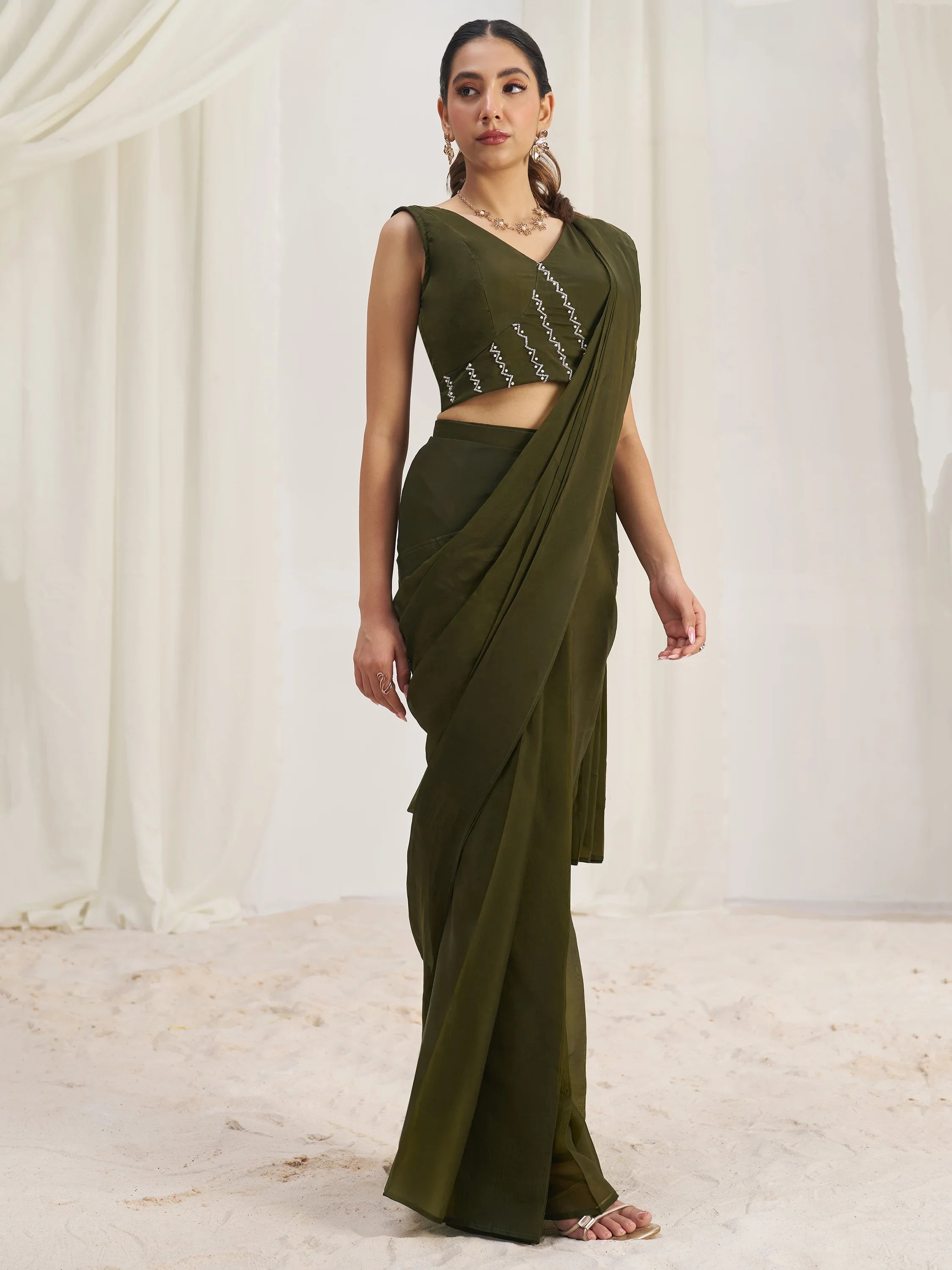 Enchanting Olive Green Organza Pre-Stitched Saree With Blouse