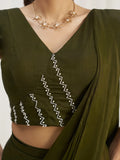 Enchanting Olive Green Organza Pre-Stitched Saree With Blouse