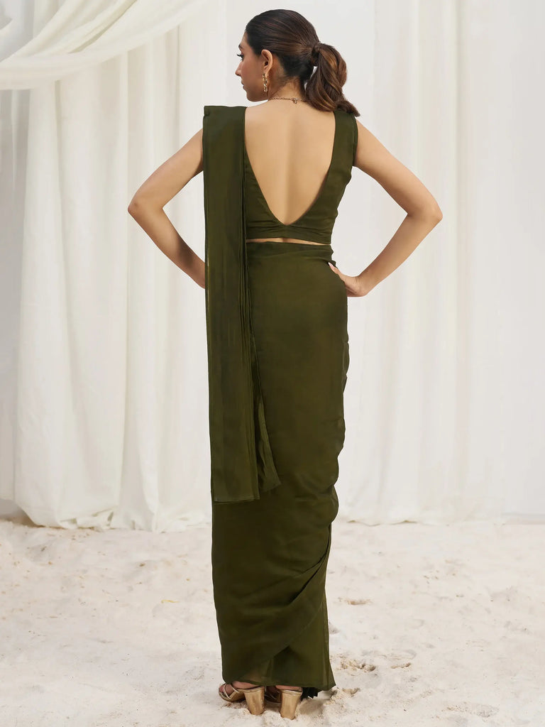 Enchanting Olive Green Organza Pre-Stitched Saree With Blouse