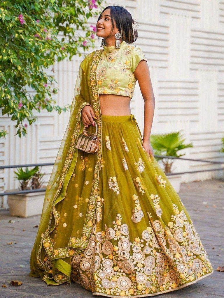 Ravishing Green Mirror Embroidered Net Reception Wear Lehenga Choli