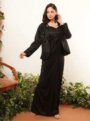 Amazing Black Sequins Work Lycra Ready To Wear Saree With Jacket