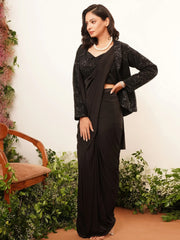 Amazing Black Sequins Work Lycra Ready To Wear Saree With Jacket
