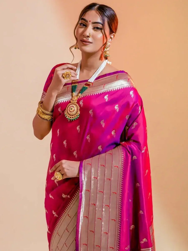 Shaded Pink Zari Weaving Paithani Silk Reception Wear Saree