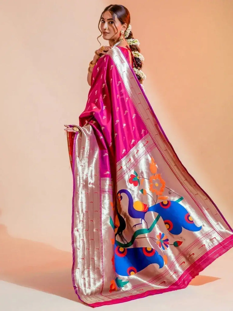 Shaded Pink Zari Weaving Paithani Silk Reception Wear Saree