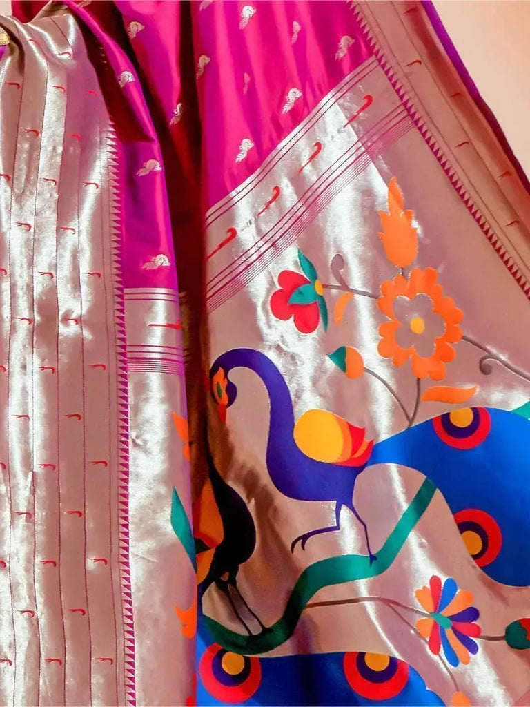 Shaded Pink Zari Weaving Paithani Silk Reception Wear Saree