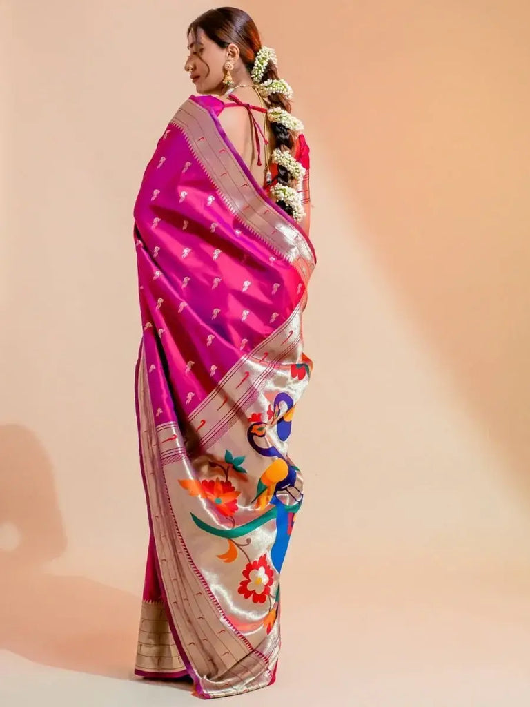 Shaded Pink Zari Weaving Paithani Silk Reception Wear Saree