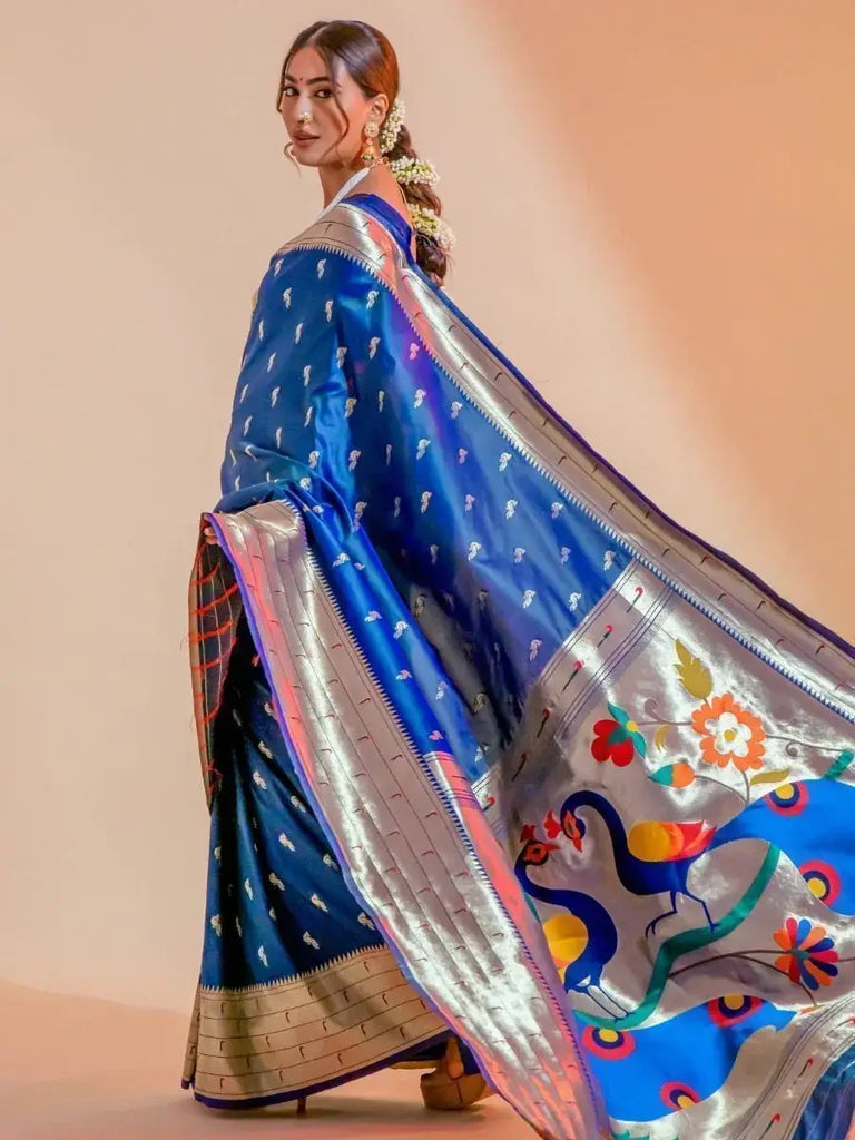 Capricious Blue Zari Woven Paithani Silk Wedding Wear Saree