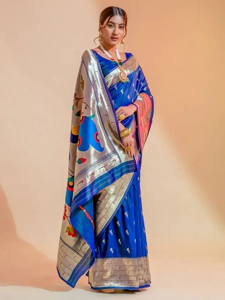 Capricious Blue Zari Woven Paithani Silk Wedding Wear Saree
