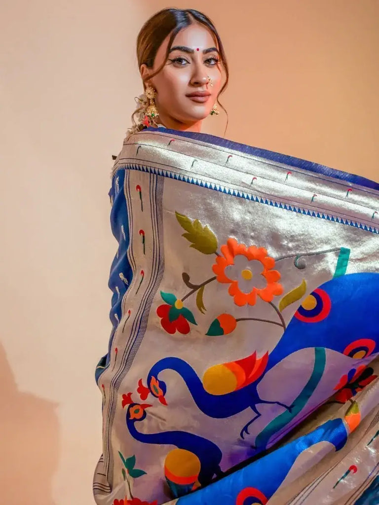 Capricious Blue Zari Woven Paithani Silk Wedding Wear Saree