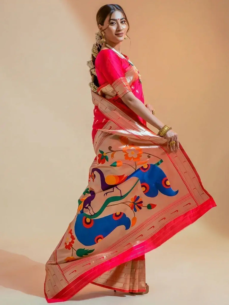 Captivating Hot Pink Zari Weaving Paithani Silk Sangeet Wear Saree