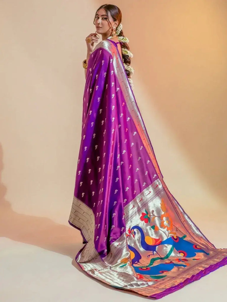 Attractive Purple Zari Weaving Paithani Silk Engagement Wear Saree