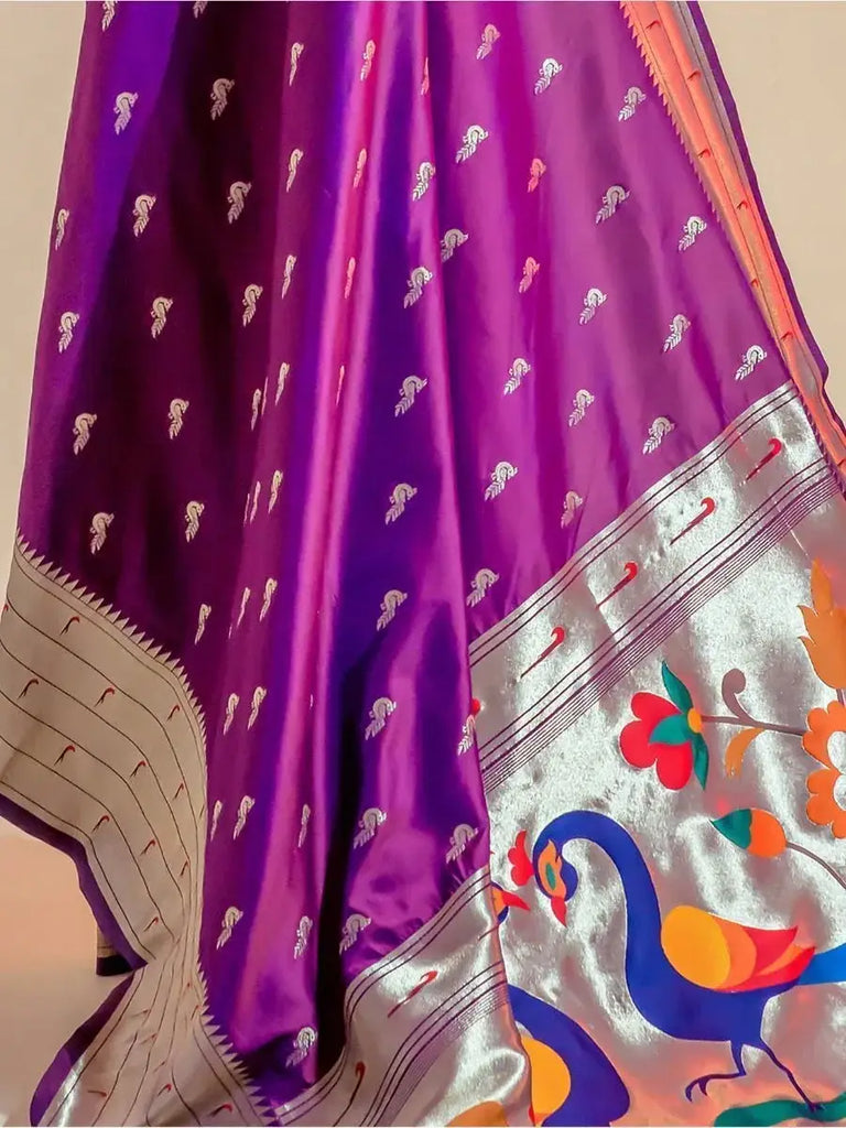 Attractive Purple Zari Weaving Paithani Silk Engagement Wear Saree