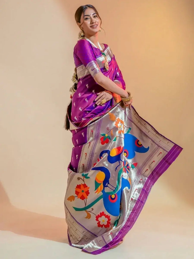 Attractive Purple Zari Weaving Paithani Silk Engagement Wear Saree