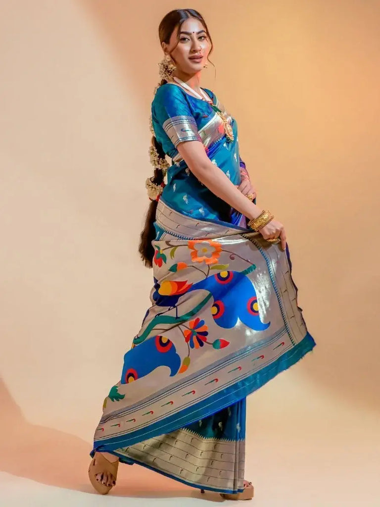 Irresistible Sky blue Heavy weaving Paithani Silk Event Wear Saree