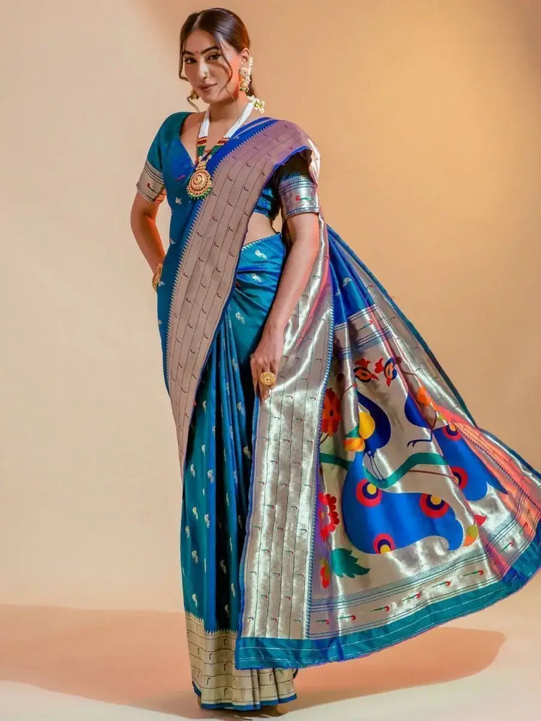 Irresistible Sky blue Heavy weaving Paithani Silk Event Wear Saree