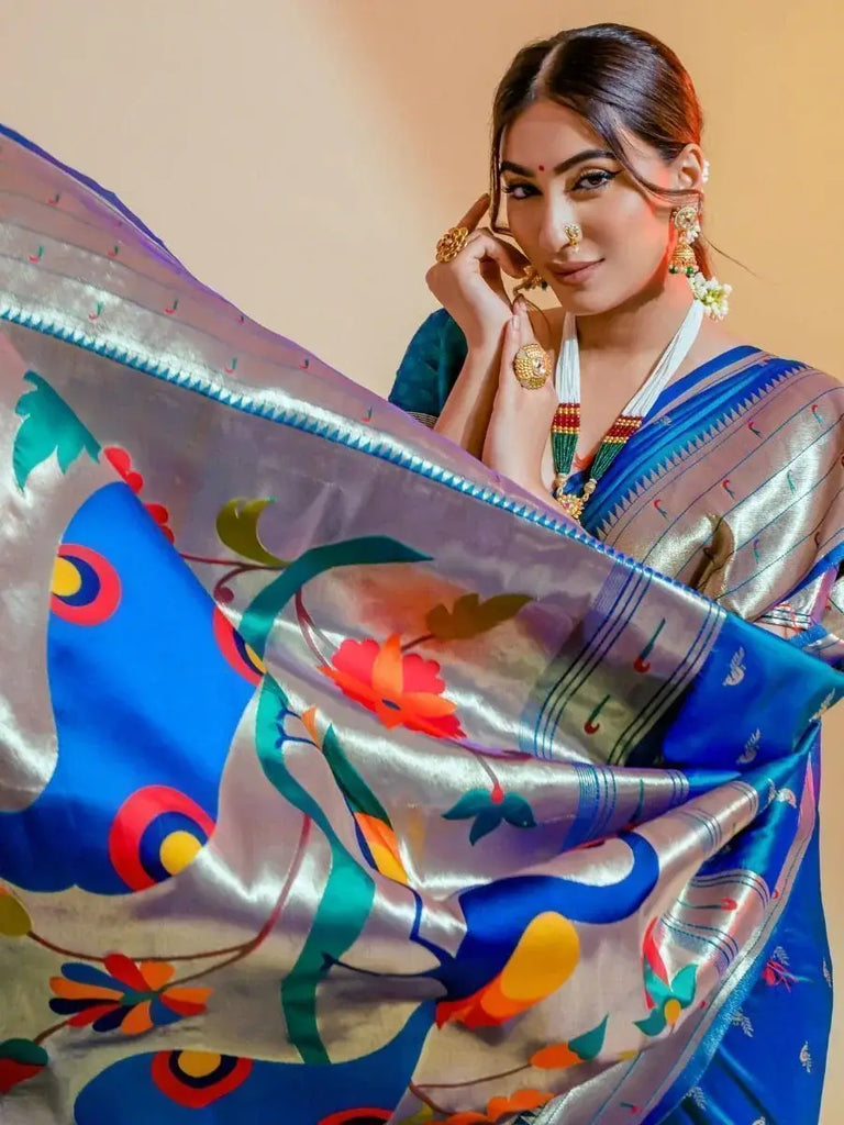 Irresistible Sky blue Heavy weaving Paithani Silk Event Wear Saree
