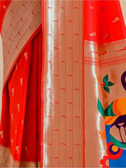 Remarkable Red Zari Weaving Paithani Silk Saree With Blouse