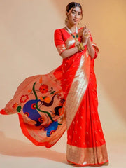 Remarkable Red Zari Weaving Paithani Silk Saree With Blouse