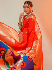 Remarkable Red Zari Weaving Paithani Silk Saree With Blouse