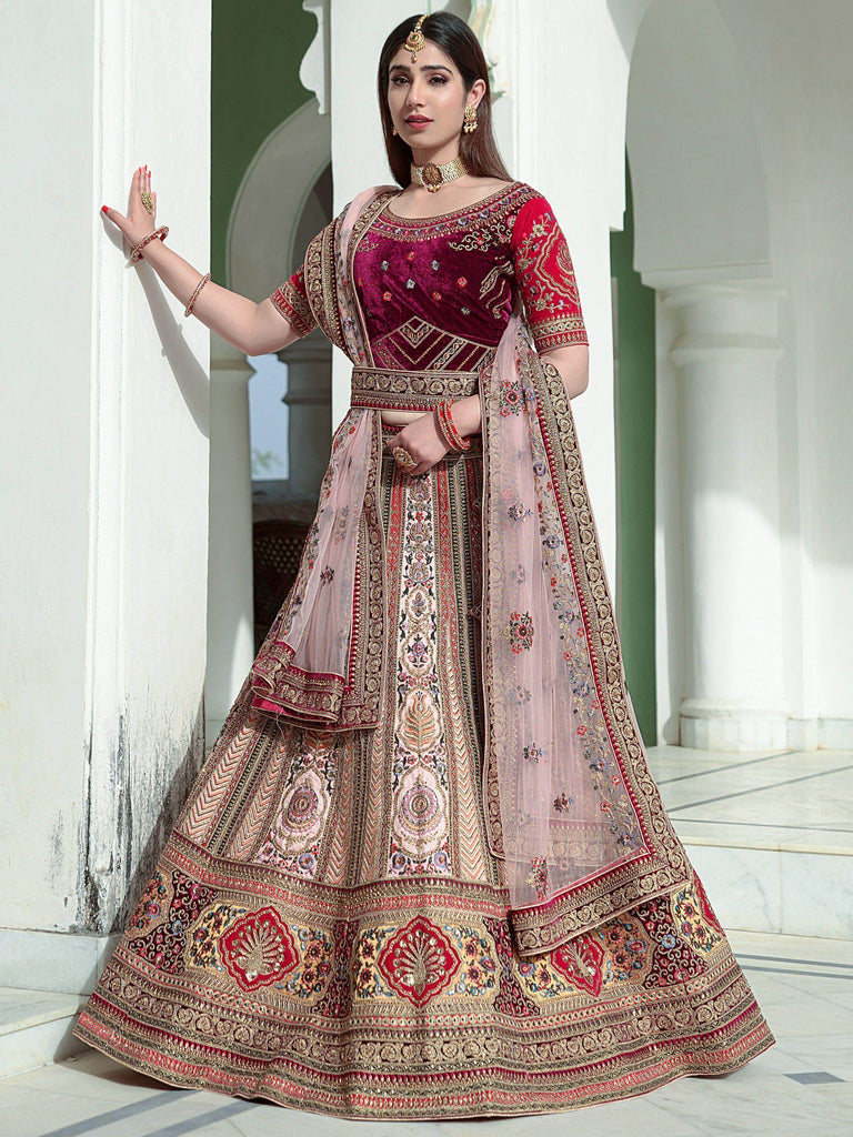 Fantastic Multicolor Thread Embroidery Velvet Bridal Lehenga Choli