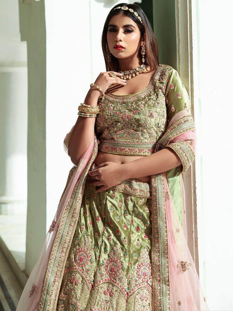 Spectacular Pista Green Dori Embroidery Velvet Bridal Lehenga Choli