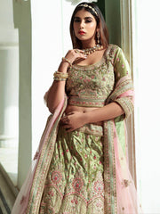 Spectacular Pista Green Dori Embroidery Velvet Bridal Lehenga Choli