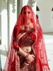 Dazzling Red Dori Embroidery Velvet Bridal Lehenga Choli