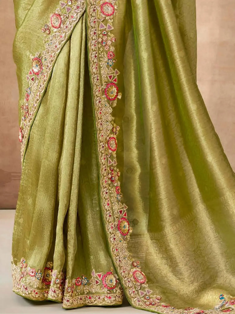 Precious Pista Green Sequins Silk Wedding Wear Saree With Blouse
