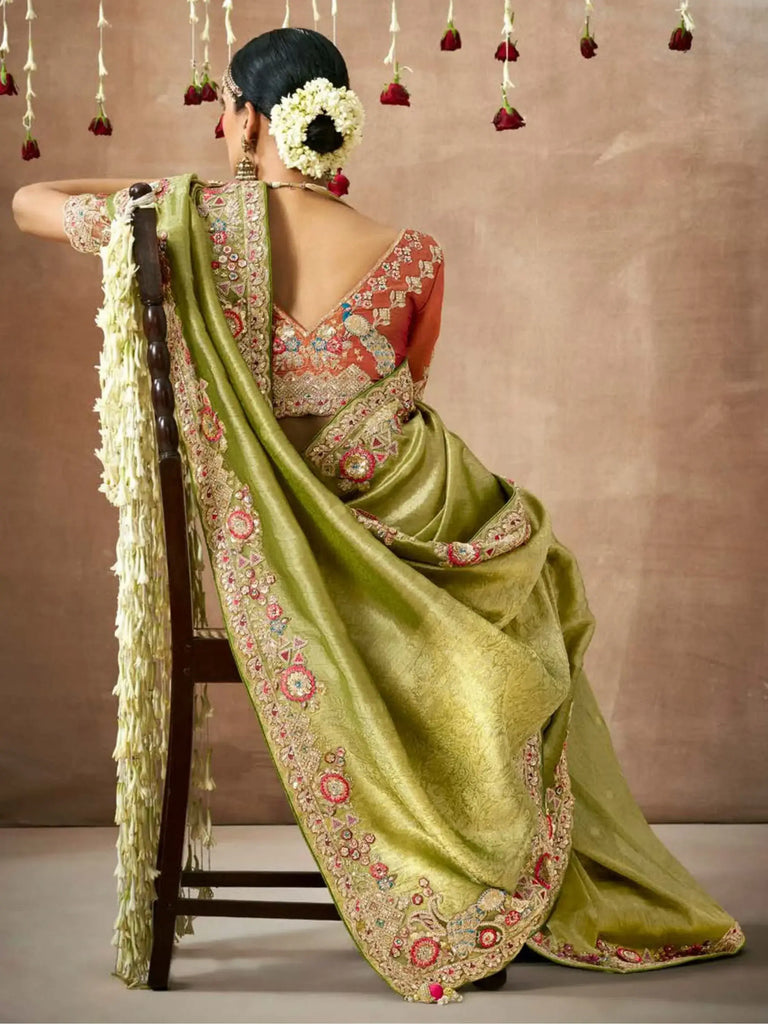 Precious Pista Green Sequins Silk Wedding Wear Saree With Blouse