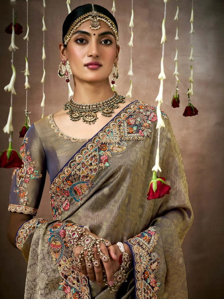 Adorable Olive Color Sequins Silk Function Wear Saree With Blouse